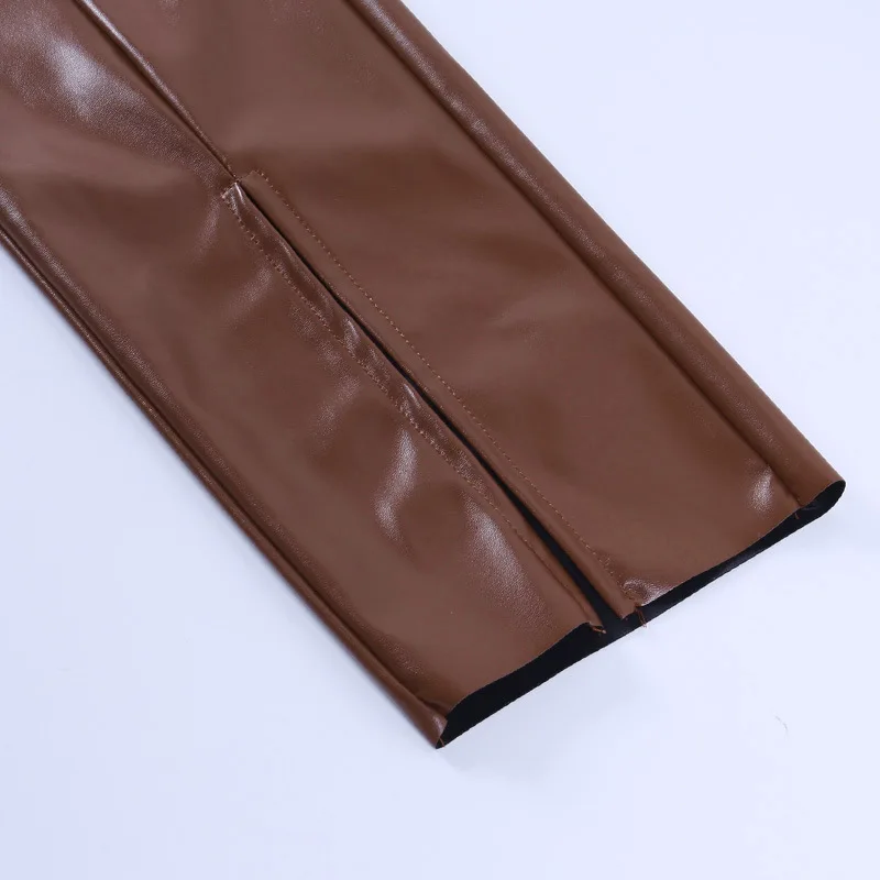 

Viifaa PU Leather Zipper Split Hem Streetwear Autumn Winter Pants Women Fashion Clothes Female Skinny Trousers Tight
