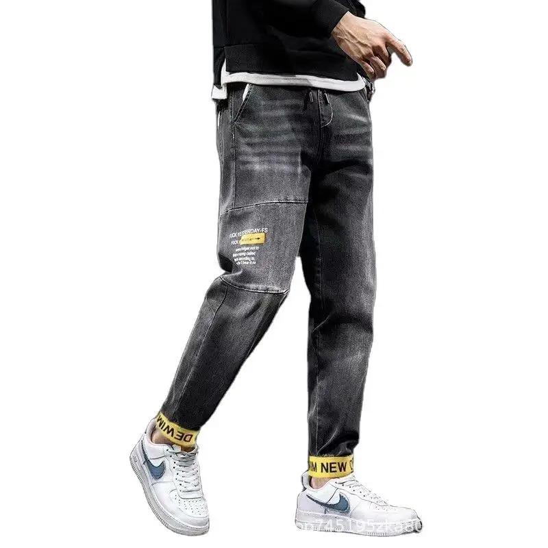 

2021 Autumn Men's Jeans Trend Loose Embroidered Ankle-Length Pants Casual Fashion Hip Hop Yellow Stitching Feet Ropa Hombre