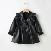 2021 toddler kids baby girls spring autumn overall black faux leather ruffles long sleeve england style princess dress ey08171