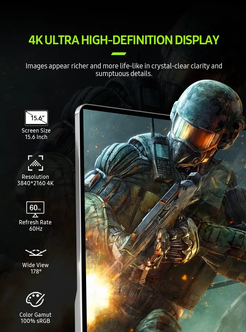 Портативный монитор UPERFECT 4K IPS экран 15 6 дюйма две колонки совместимый с ноутбуком