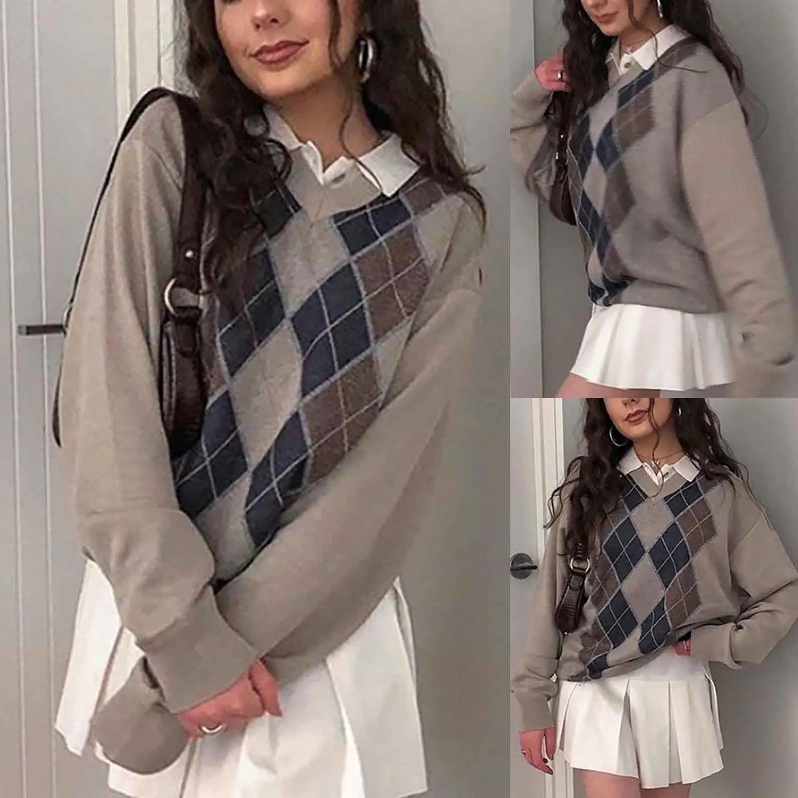 

Осень-зима 2021, новинка, светло-коричневый вязаный свитер с V-образным вырезом и принтом в виде ромбиков, пуловеры в стиле академии, свитер #01