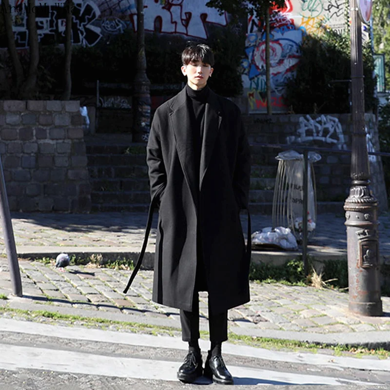 

AreMoMuWha Japanese Windbreaker Men's Long Section Thick Warm Warm Coat Men's Tide Men's Loose Coat Wool Woolen Korean Version