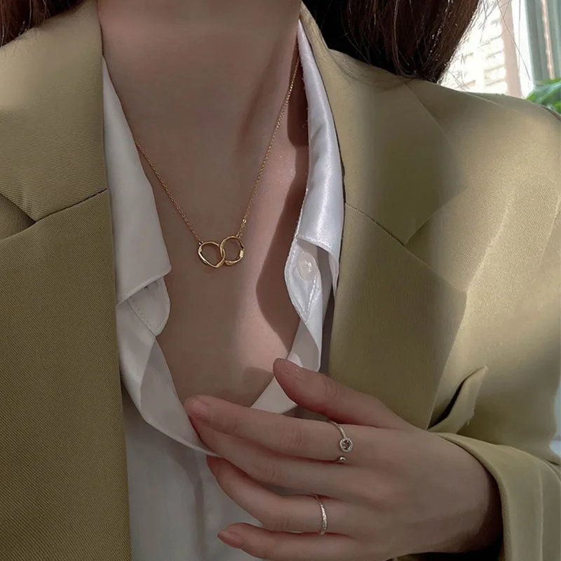 

Fashion Silver Double Circle Necklace for Women Simple Temperament Clavicle Chain Party Jewelry Wholesale Gift