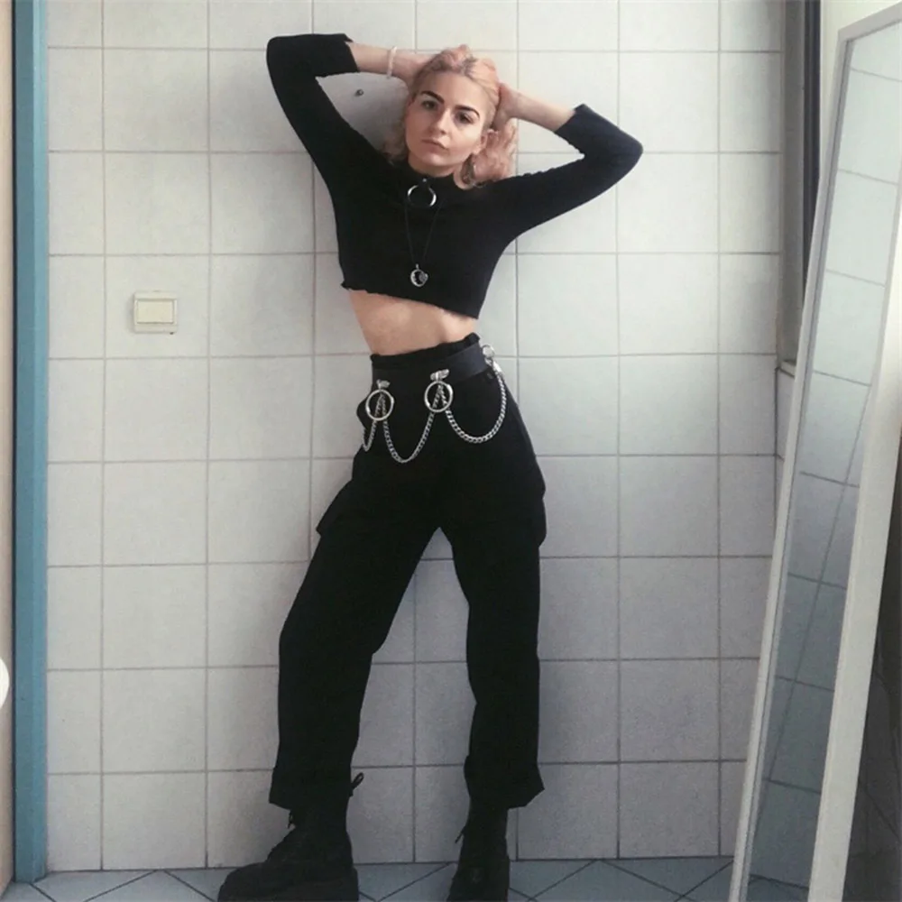 

Women Gothic Punk Style Hip Hop Black Women Belts Chain Hidden Button Girls PU Fashion Female Black Belt