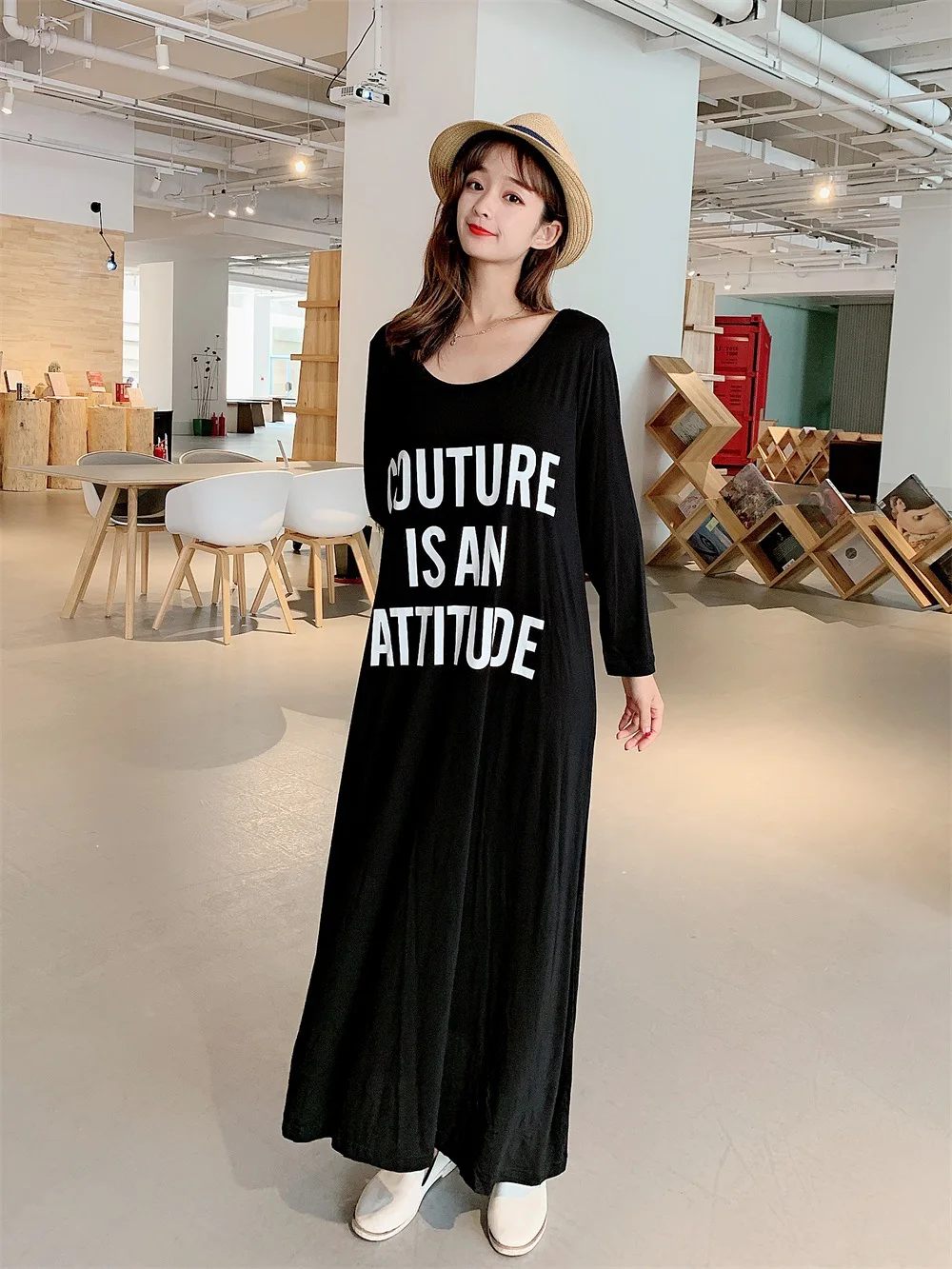 Ночная рубашка с длинными рукавами свободная ночная буквенным принтом домашняя