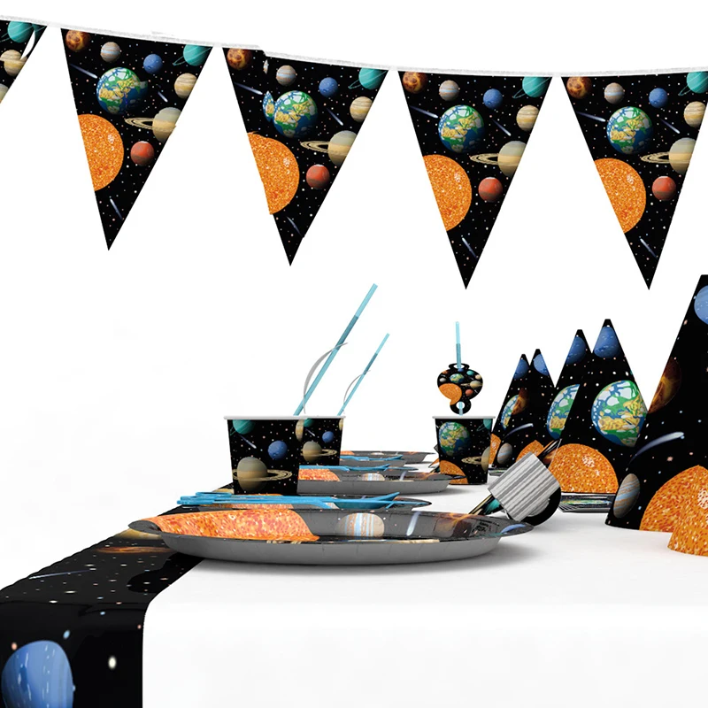 Одноразовая посуда с мультяшным космосом бумажные тарелки чашка вилка украшение
