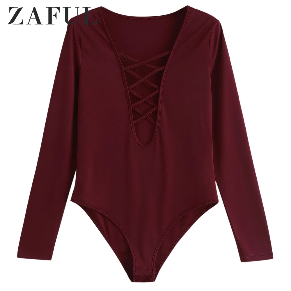 Женское боди с длинным рукавом ZAFUL элегантное облегающее глубоким v-образным