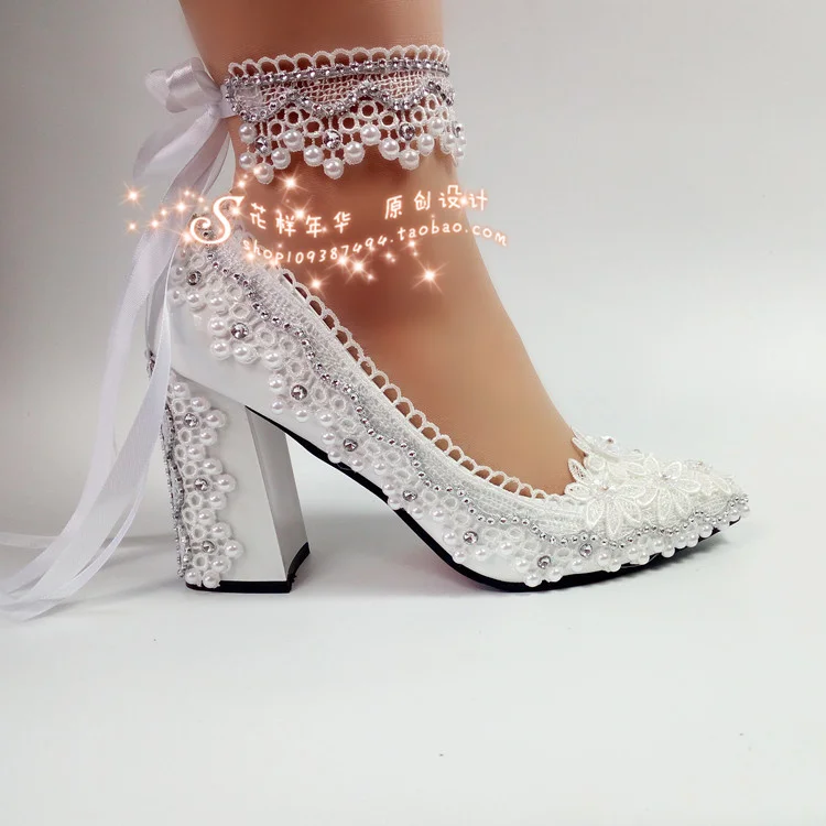 

Princess lace wedding shoes thick heel pearl crystal bride bridesmaid wedding photo photography wedding banquet buckle strap
