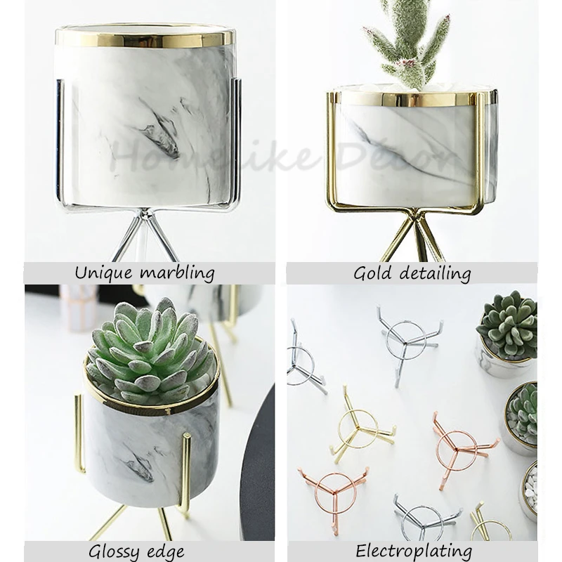 Набор из 3 шт. белых мраморных керамических цветочных горшков с железной