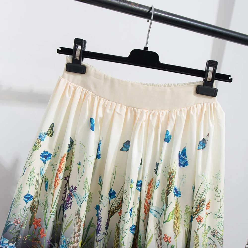 

2021 Women Summer Skirt VD1811 Vintage Floral Print Apricot Green Midi Skirt