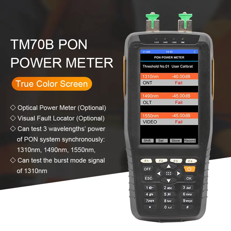 

TM70B / TM70B-OV1 PON Optical Power Meter 1310/1490/1550nm 6600mAh rechargeable battery 1mw VFL optical power meter