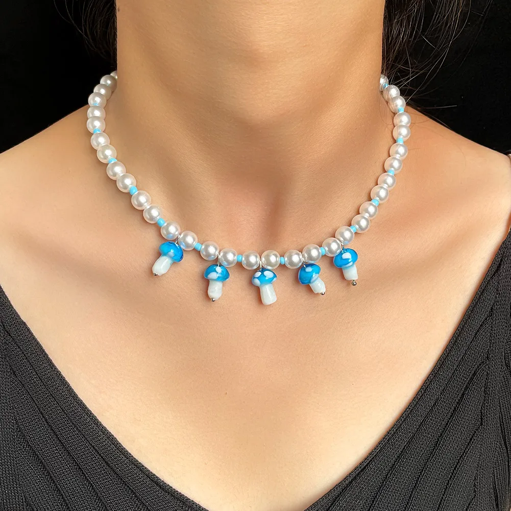 

Flatfoosie Trendy Colorful Mushroom Pendant Pearl Necklace For Women Girls Handmade Beaded Choker Necklace Boho Party Jewelry