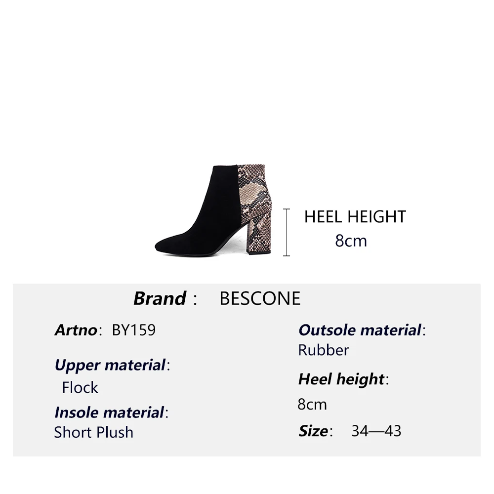 

BESCONE Winter Ladies Ankle Boots Fashion Snake Pattern Zipper Handmade Super High Heel Shoes New Square Heel Women Boots BY159