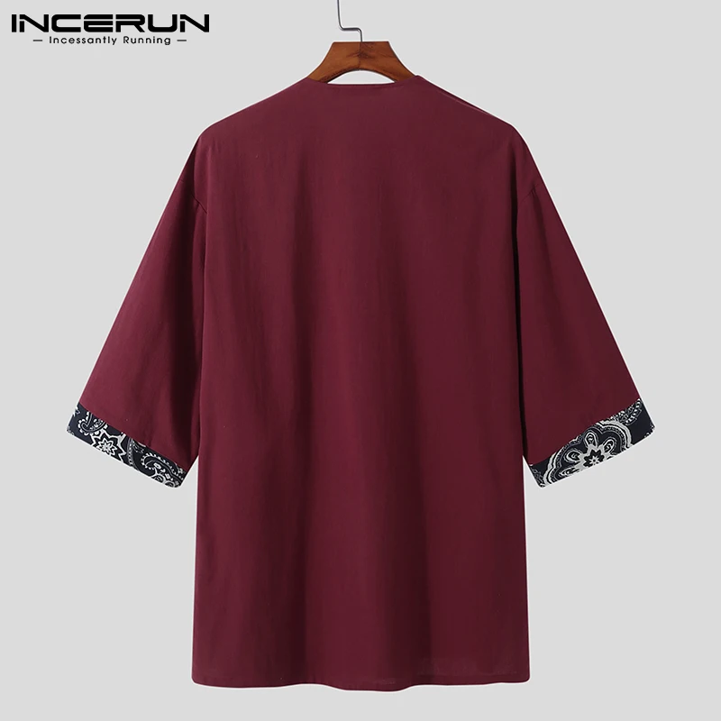 

2021 Men Shirt Vintage Print Patchwork V Neck Half Sleeve Retro Casual Men Clothing Streetwear Summer Camisas INCERUN Plus Size