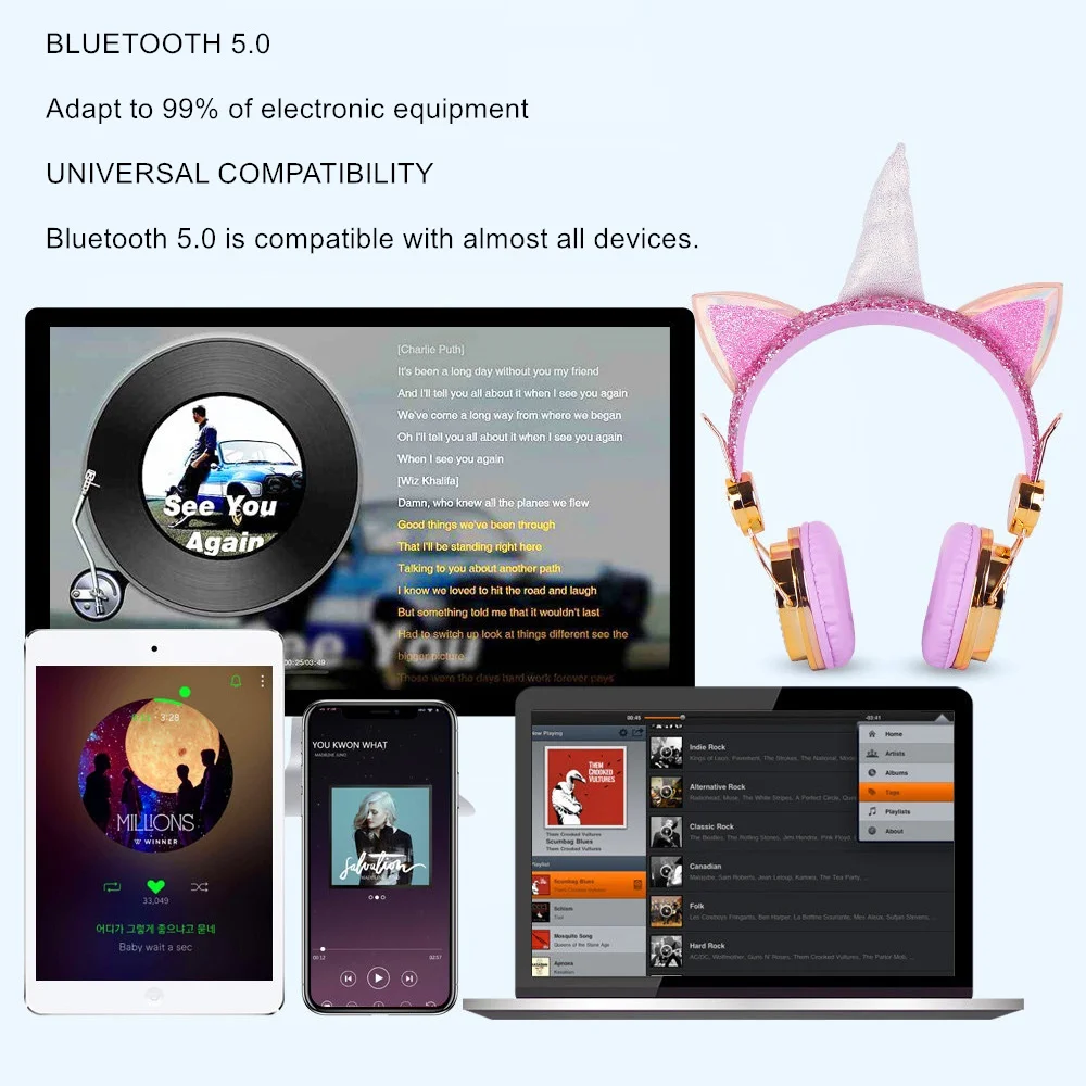 bluetooth golden cute unicorn headphones wireless girls kids cartoon stereo headset microphone learning headset for iosandroid free global shipping