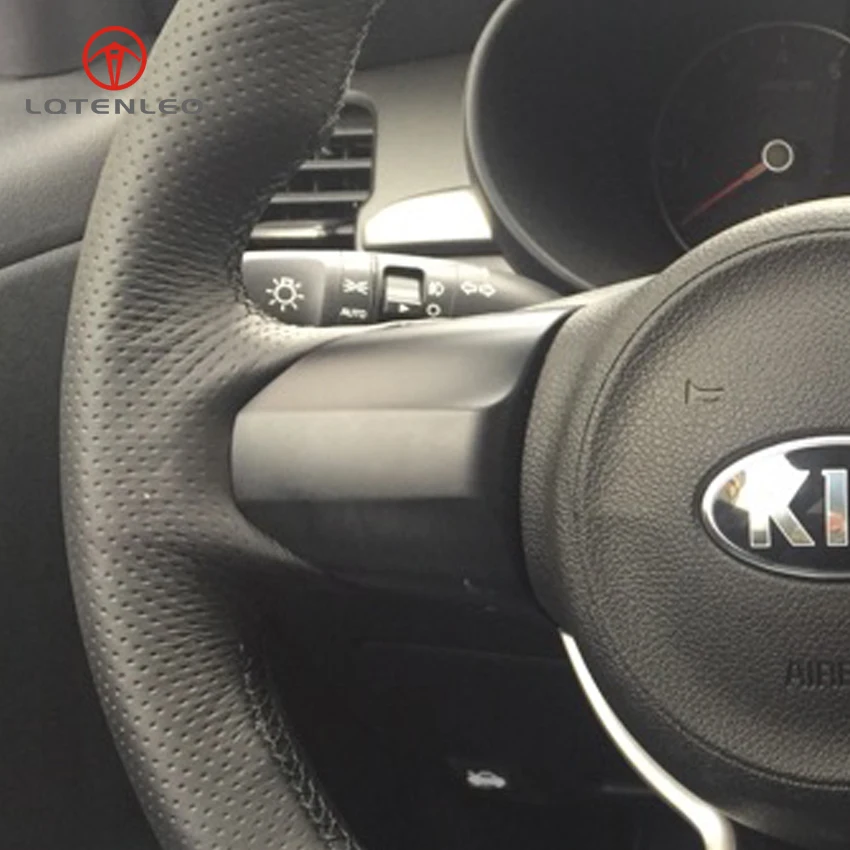 

LQTENLEO Black Genuine Leather Car Steering Wheel Cover for Kia Rio K2 Picanto 2017 2018 Morning 2017 KX cross 2017 2018