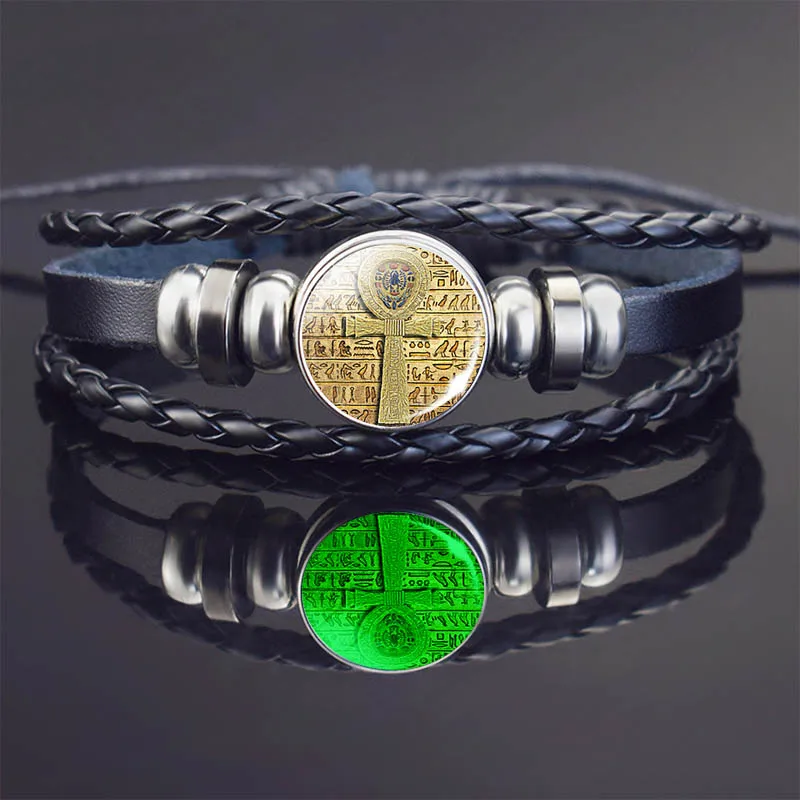 Египетская религиозная браслет ручной работы браслеты для женщин ювелирные изделия Светящийся стеклянный кабошон Черная кожаная пульсира Оптовая продажа
