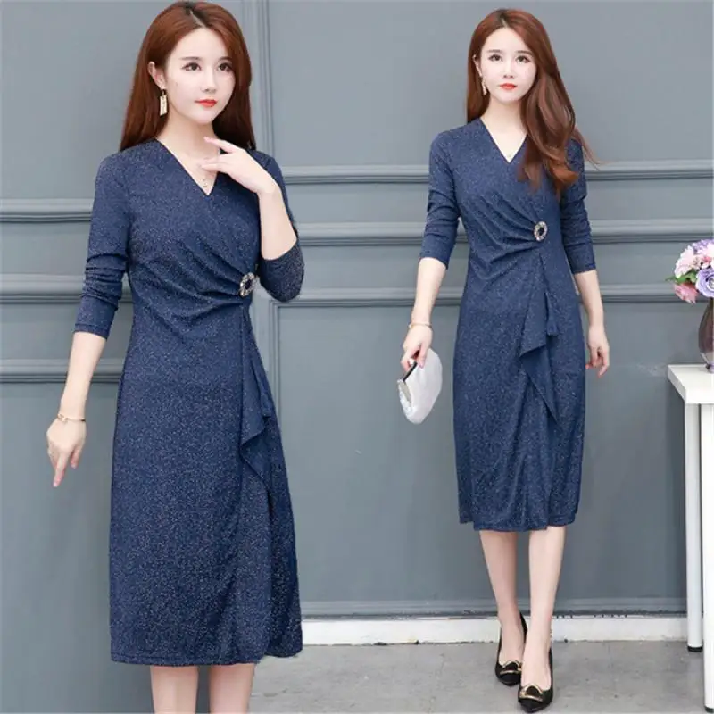 Женское вечернее платье с V образным вырезом Осеннее блестящее длинное большого