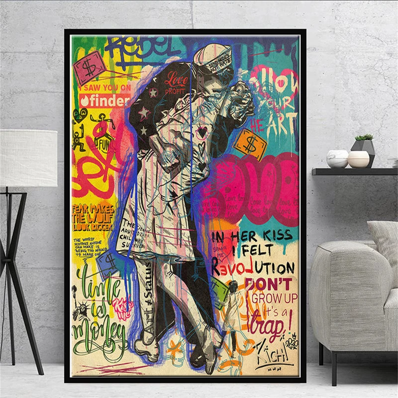 

Famous Victory Kiss Graffiti Pop Art Painting Canvas Print Wall Picture for Living Room Home Decoration Frameless Wall Art