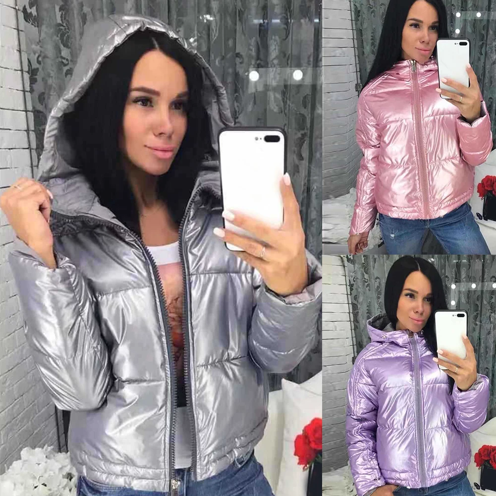 

Winter Long Sleeve Warm Windproof Outwear Solid Thicken Faux Fur Slim Women Down Coat Short Hood Zipper Snow