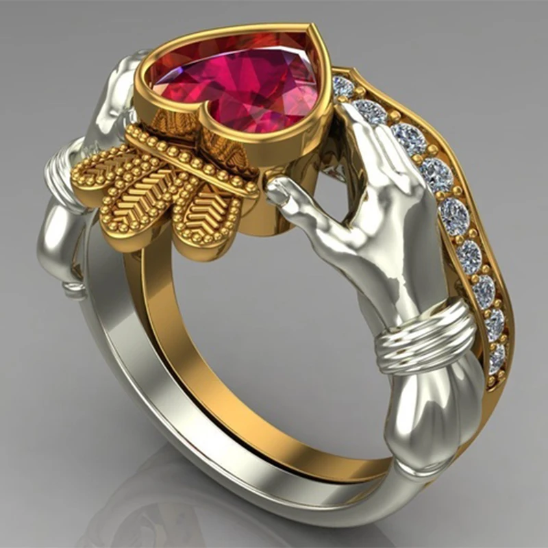 

New Design Two Tone Crown Love Heart Hope Ring for Men Women Gothic Punk Party Anniversary Jewelry With Shiny Cubic Zircon Ring