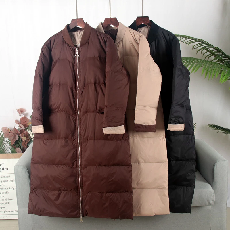 New Korean Style Baseball Down Jacket Coat Loose Winter Long Outwear 90% White Duck Down Coat Over Size Full Sleeve Warm Jacket