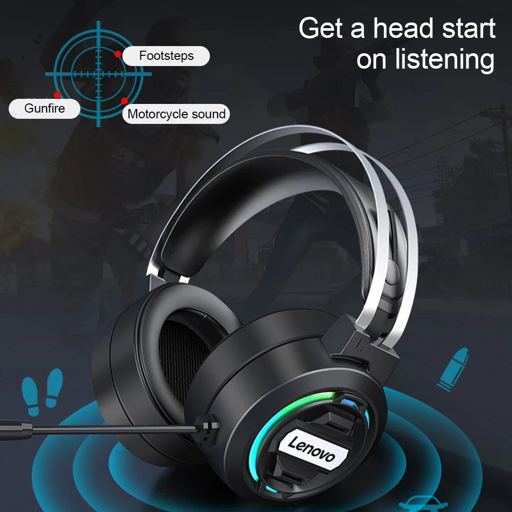 lenovo h401 headphone usb wired 7 1 stereo gaming headset with microphone over ear earphones pc with rgb light for game players free global shipping