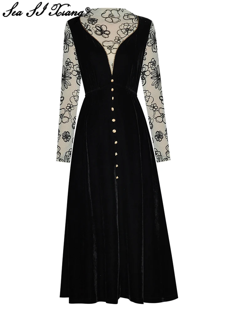 

Seasixiang Fashion Designer Spring Velvet Dress Women O-Neck Long Sleeve Patchwork Vintage Midi Dresses