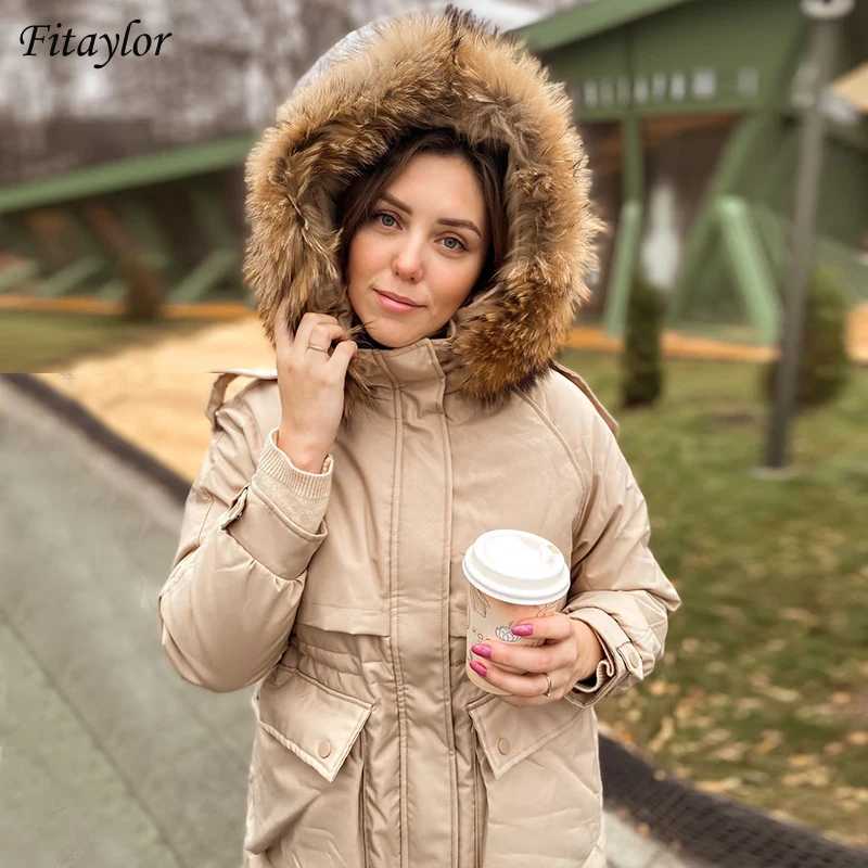 Fitaylor Winter Large Natural Real Fur Collar Hooded Feather Long Jacket Women Thickening Down Coat High Waist Fluffy Outwear | Женская