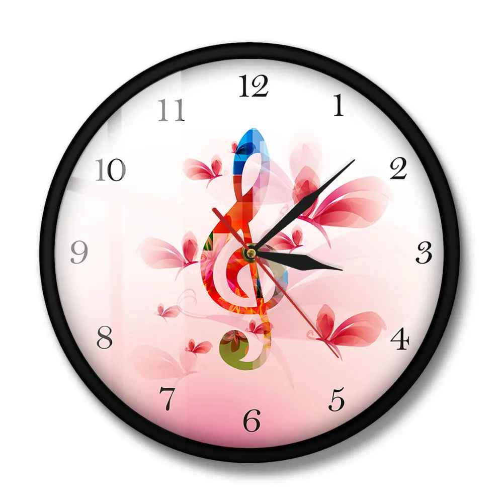 Colorful Music Note with Butterflies Floral Wall Clock Treble Clef Musical Printed Round Studio Art | Дом и сад