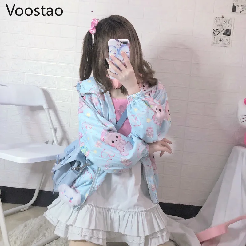 

Japanese Girly Sweet Lolita Style Thin Coats Loose Cute Cartoon Baby Bear Print Hooded Sweatshirt Women Kawaii Jackets Outwear