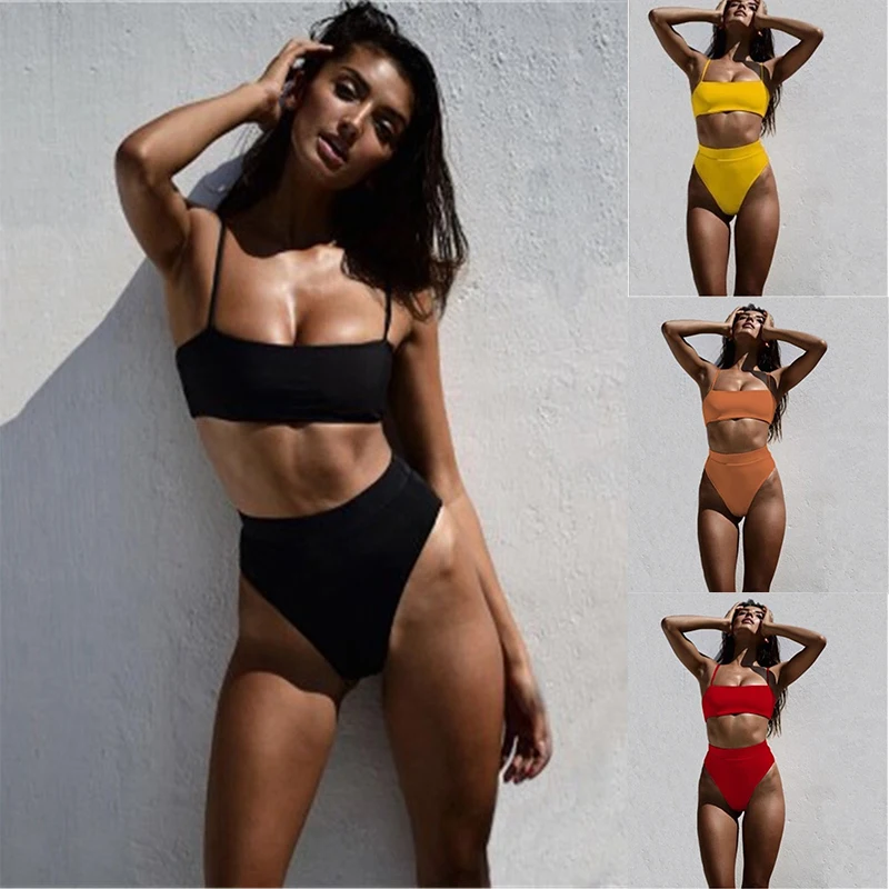 

купальник женский 2020 Swimwear Women Solid Push Up Padded Swimsuit High Waist Swimming Suit for Women Summer Bikini Set