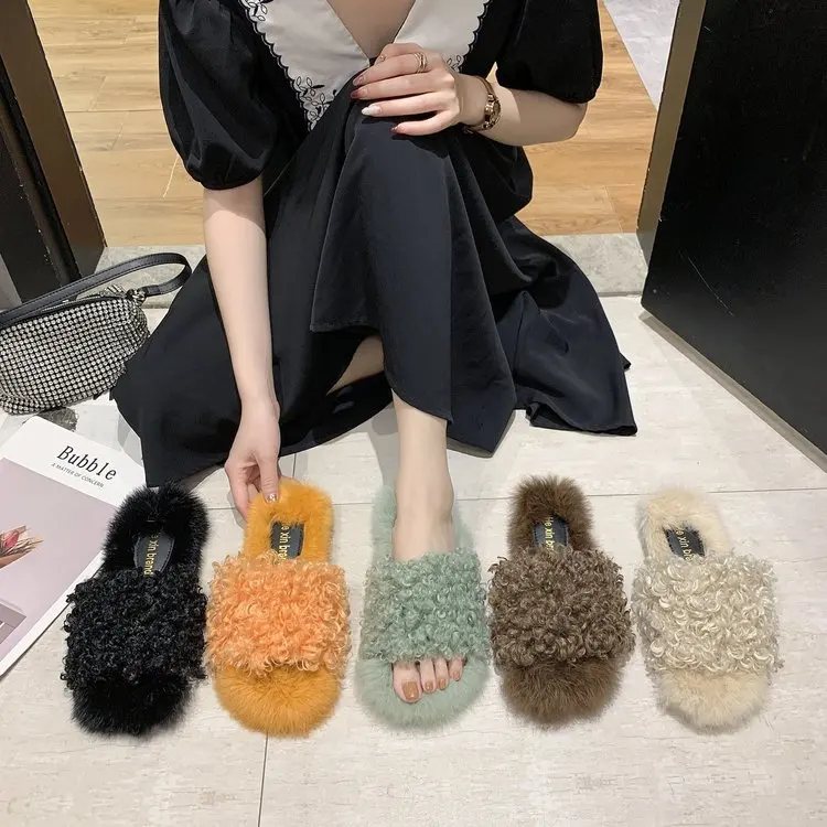 

Winter Women House Slippers Faux Fur Fashion Warm Shoes Woman Slip On Flats Lady Slides Home Furry Floor Shoes Soft Slippers New