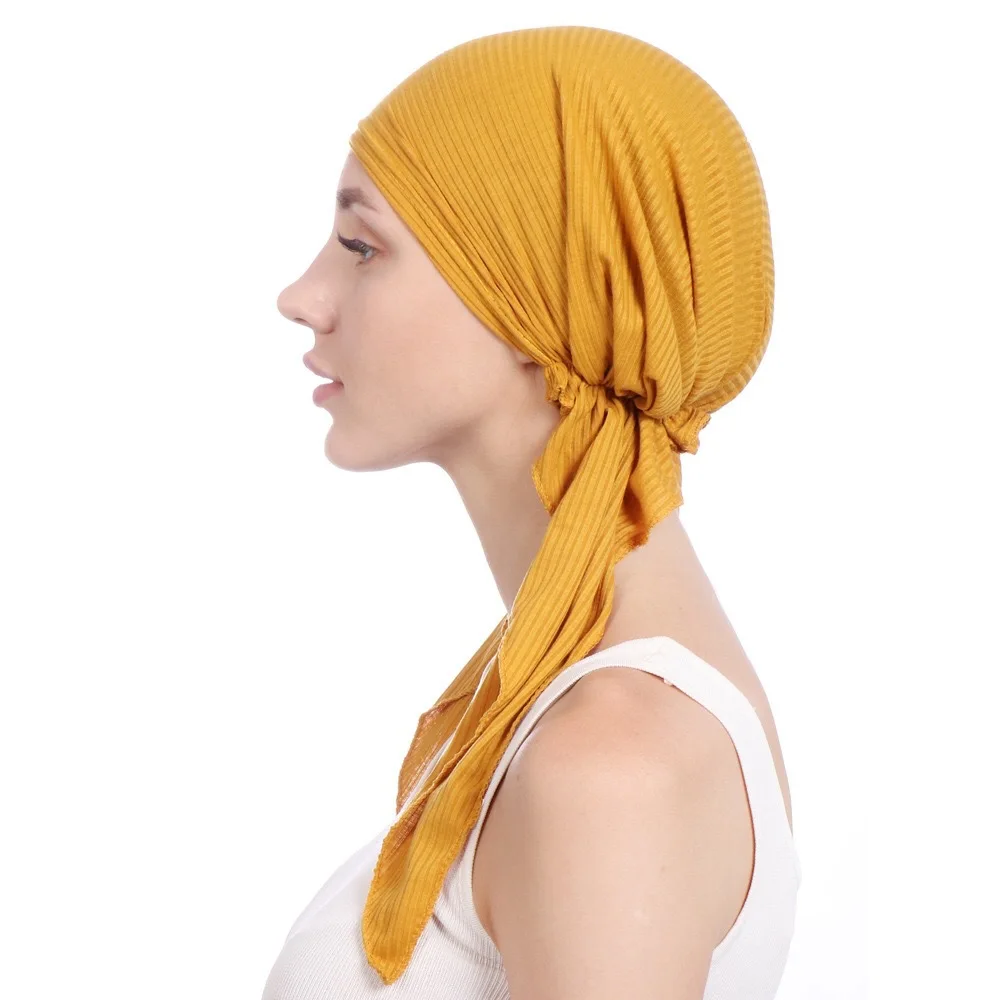 

New Pleated Curved Solid Color Toque Two Tails Strip Cotton Pullover Small Hat in Stock