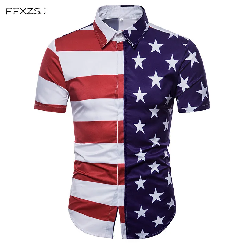 

American Flag Print Shirt Men 2018 Brand New Slim Fit Short Sleeve Chemise Homme Casual Striped Shirt Camisa Social Masculina