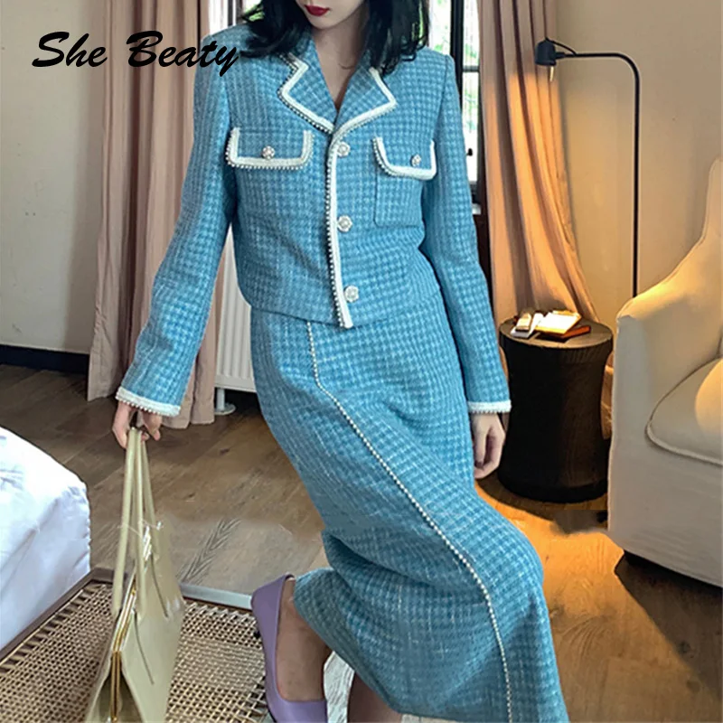 

She Beaty Two Pieces Skirt And Tweed Jackets Set Women Button Up Turn-Down Collar Long Sleeve Autumn Winter Clothes Elegant Suit