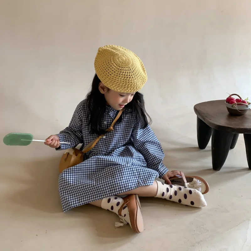 

2021 Autumn New Girls Dresses Korean Long Sleeve Plaid Collar Kids Dress