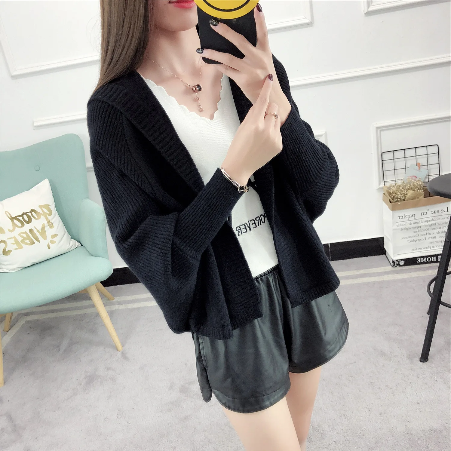 Кардиган свитер для женщин рукав летучая мышь с капюшоном сплошной цвет вязаный