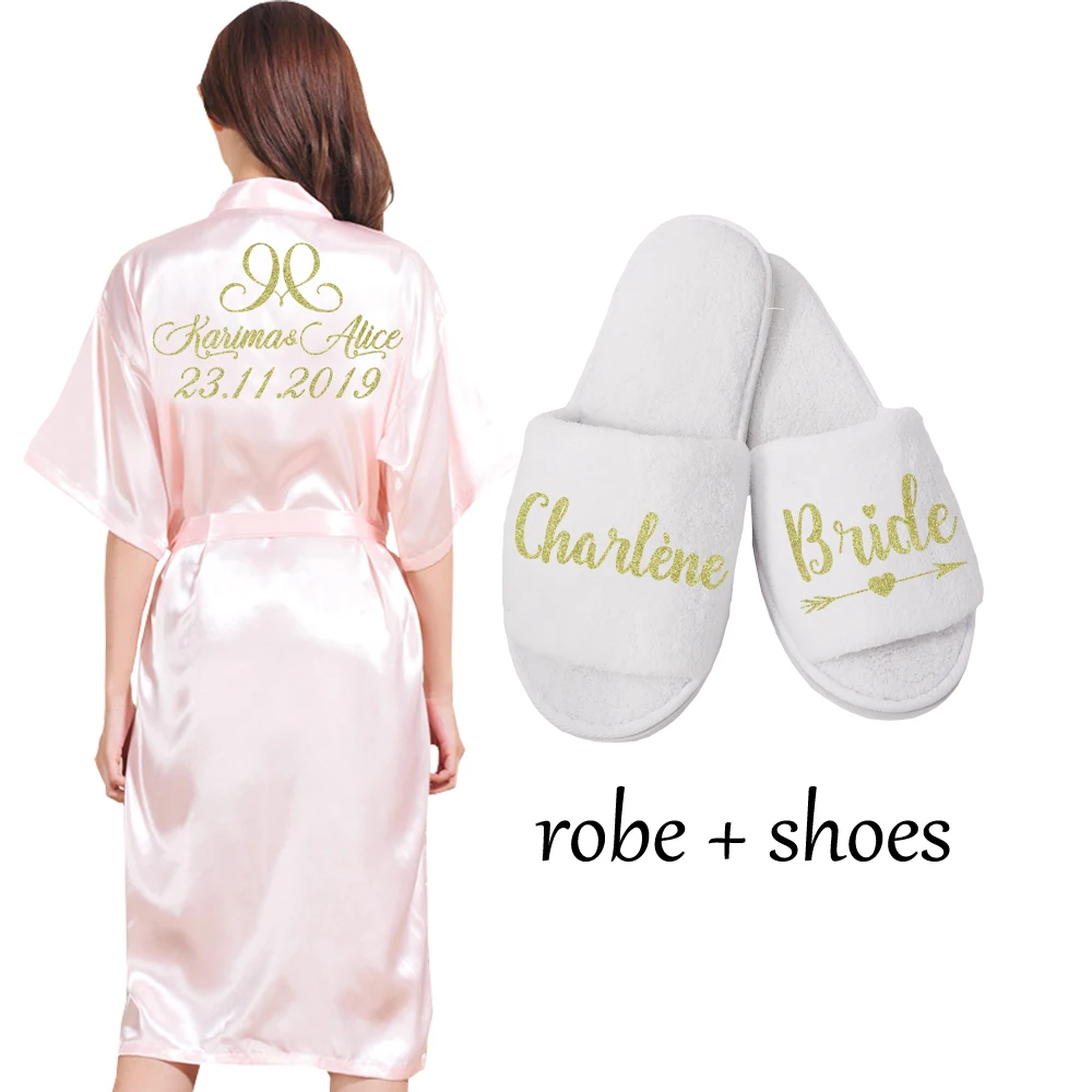 Pink robe shoes Индивидуальный длинный халат, Свадебный индивидуальный халат для невесты, вечерние, имитирующий шелк, мягкий домашний банный халат для женщин, кимоно, халаты - Цвет: Pink robe shoes