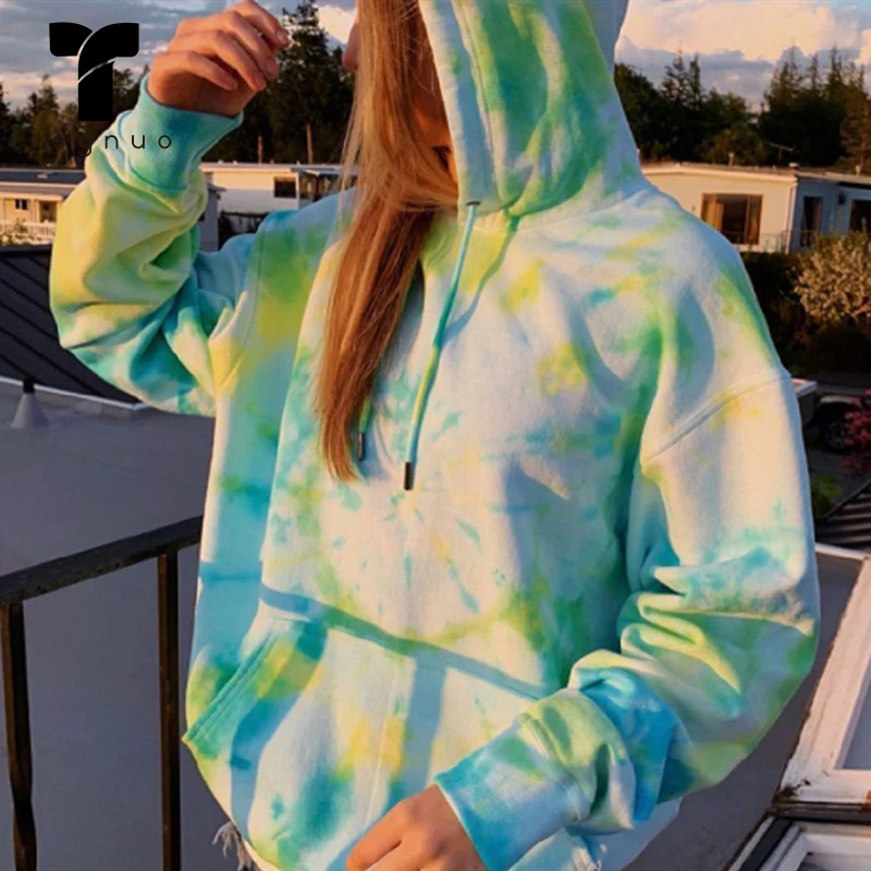 TREGNUO 2021 Hoodie Women Tie-Dye Printing Long Sleeve Loose Coat Autumn And Winter Woman Pullover | Женская одежда