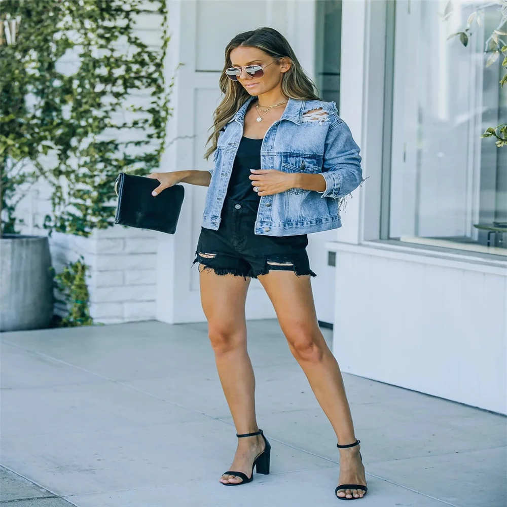 

2021 Europe and USA autumn winter New style street fashion tear tassel wash lapel jeans coat fashion street style