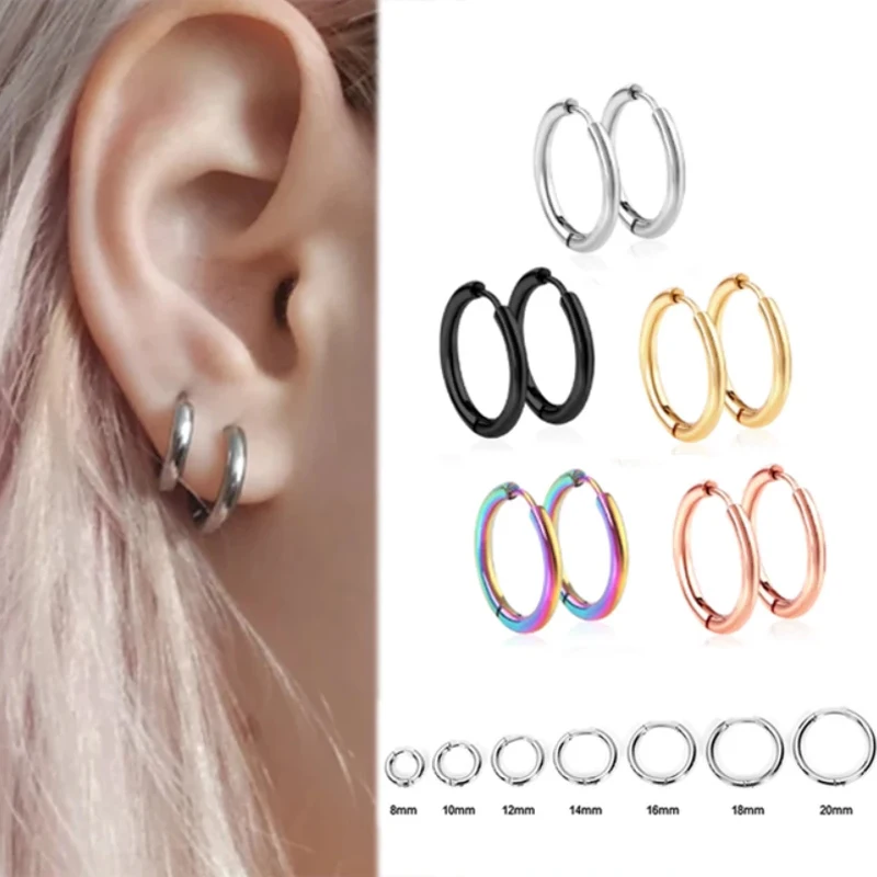2PCS 8-20mm Big Small Men Women Hoop Earrings Stainless Steel Fashion Teenager Punk Gothic round Earrings Jewelry Free Shipping