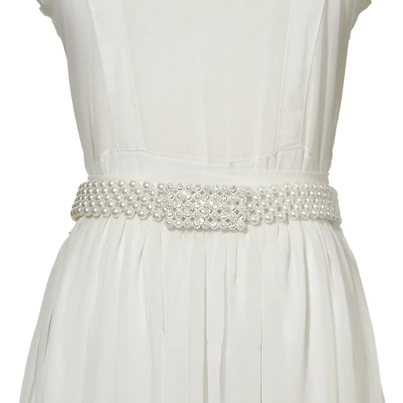

2020 New Elegant Ladies White Elastic Stretch Faux Pearl Waist Belt Women Diamond Square Buckle Belts for Dress Cinto Feminino