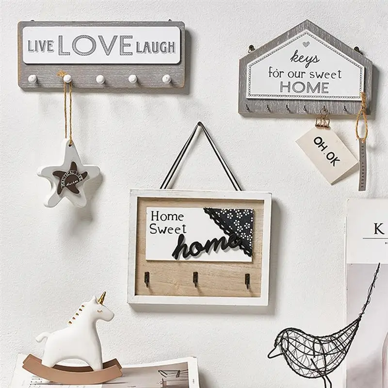 

Wall Hanging Wood Key Hanger Holder Wall Organizer Rectangle House Shape Key Rack Hooks Coat Hooks Home Decoration