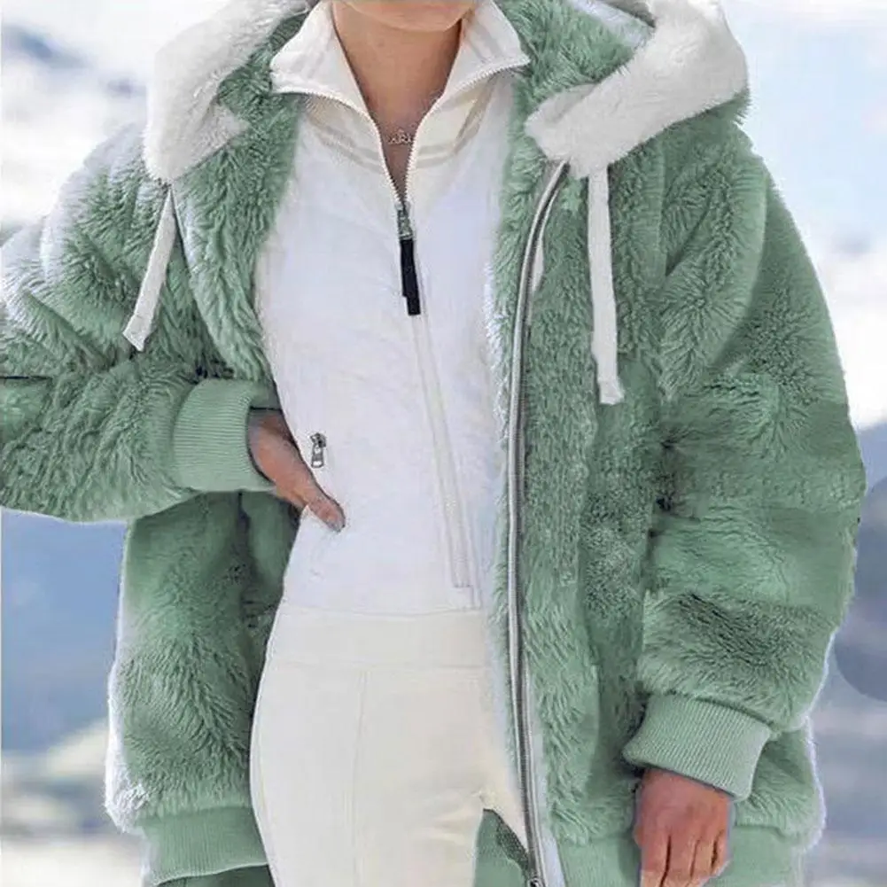 2022 Women's Winter Plush Warm Jacket Hooded Zipper Faux Fur Coat Sweater casual Loose Outwear Fashion Overcoat Plus Size