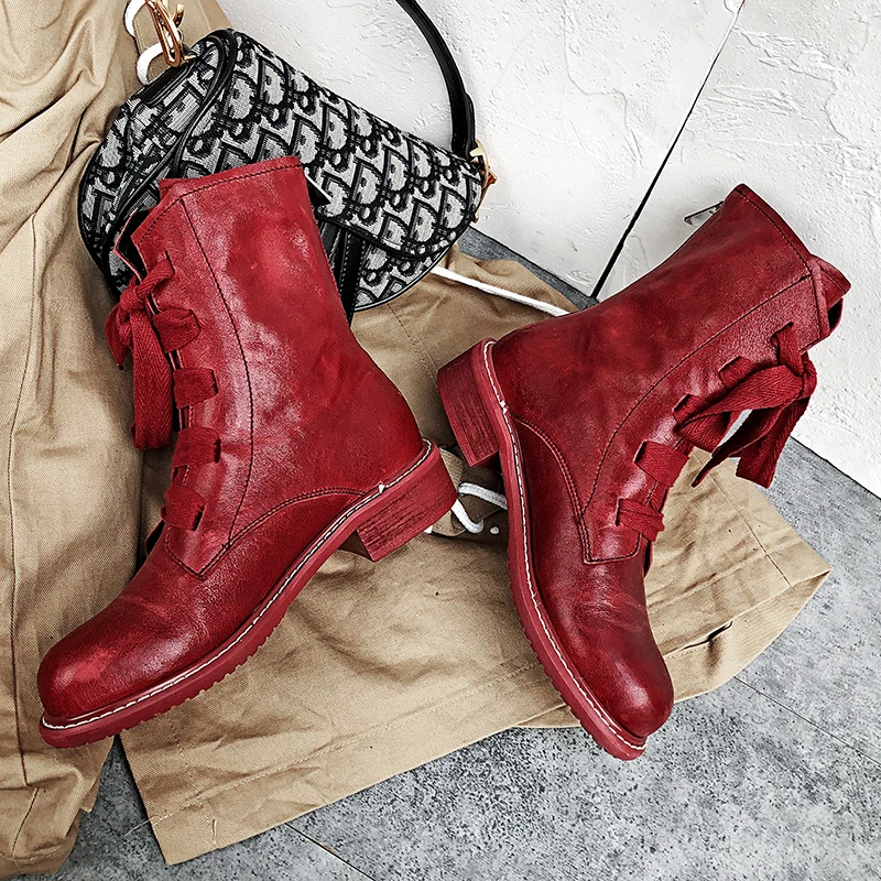 Женские ботильоны из натуральной кожи Ботинки на шнурках в байкерском стиле