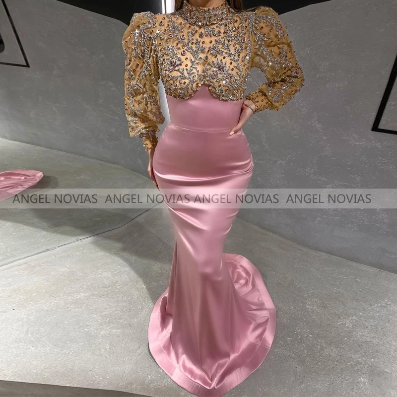 

ANGEL NOVIAS Long Sleeves High Neck Pink Mermaid Evening Dresses 2021 Arabic Women Formal Prom Gowns Vestidos De Fiesta