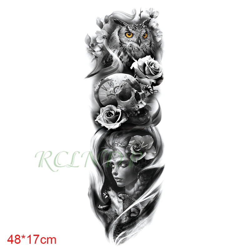 Водонепроницаемая Временная тату наклейка Сова цветы череп часы девушка рев
