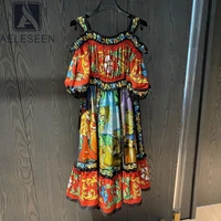 aeleseen runway fashion 100 cotton sicilian poplin retro printing ruffles holiday suspender camisole dress for women 2021