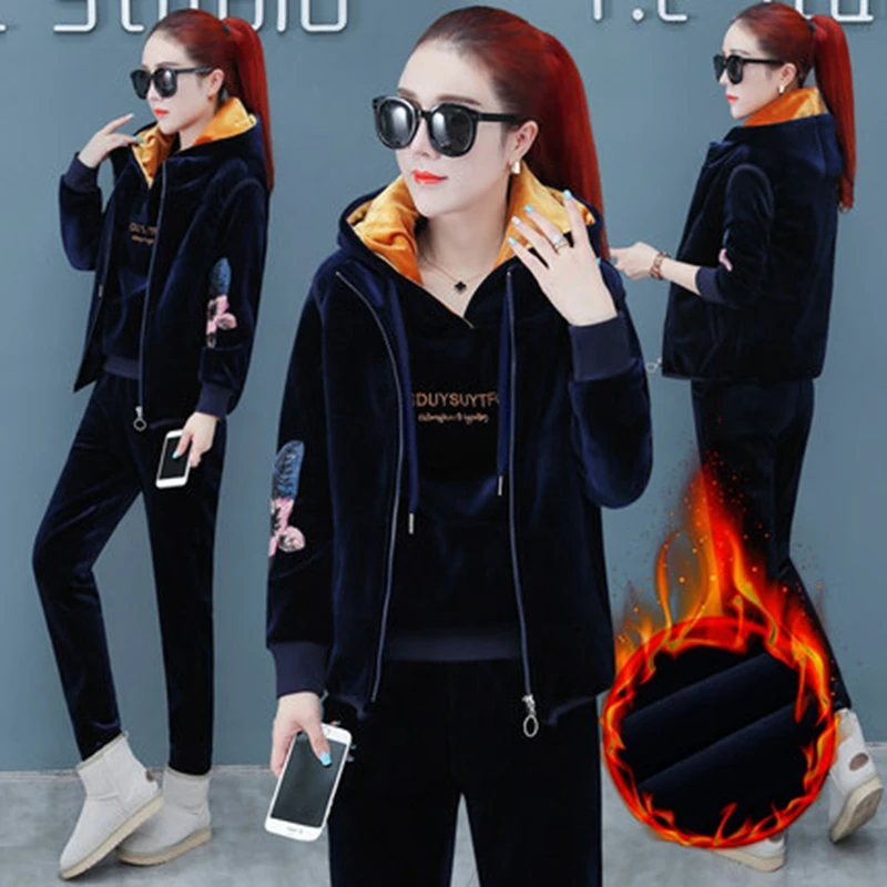 Женский спортивный костюм зима 2019 утолщенный свитер золотые бархатные толстовки